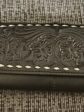 Black Genuine Leather Hand Tooled Wallet With White Stitching